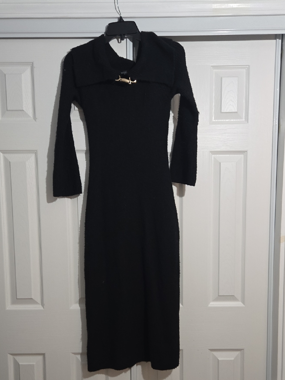 Black Long Sleeve Knit Dress with Gold Accent